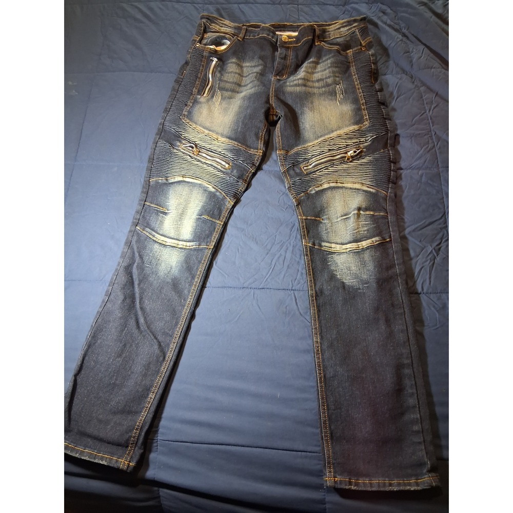 Mens‎ Dark Wash Moto Biker Jeans Ribbed Panels Stretch Denim Size 38